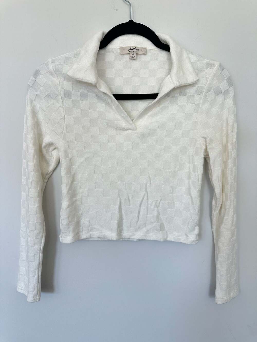 Atelier by Kirious White Textured Checker Long Sleeve Polo Top